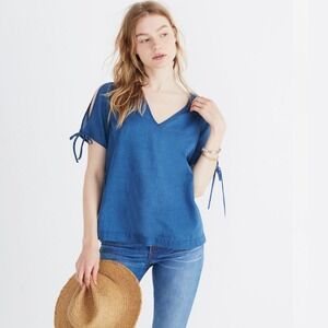 Madewell Indigo Blue Tie Sleeve Top Women's Short Sleeve V-Neck Shirt